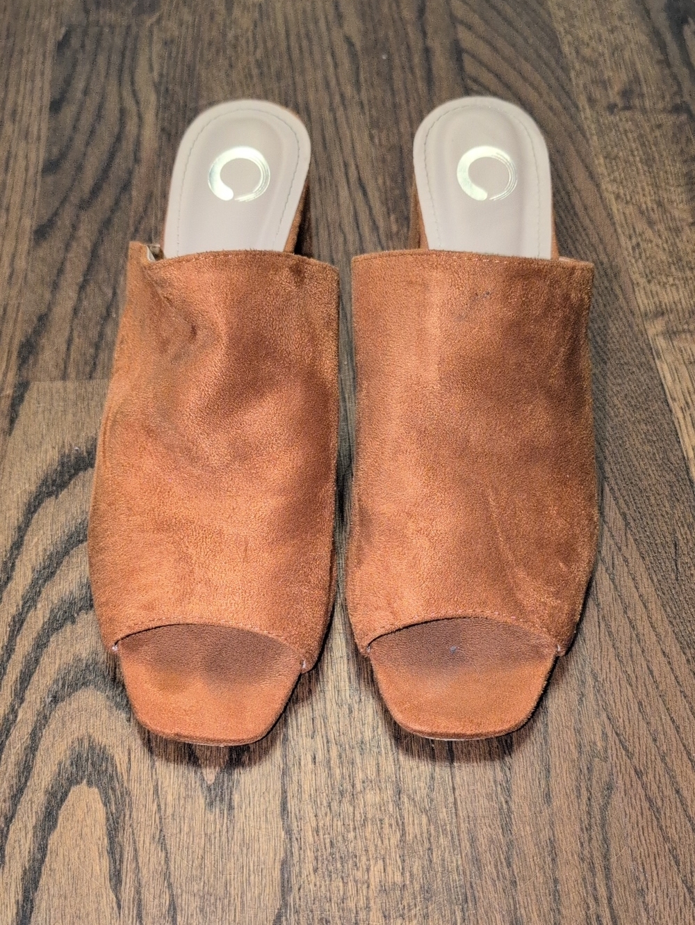 Faux Suede Open-Toe Slide Heels in Rust